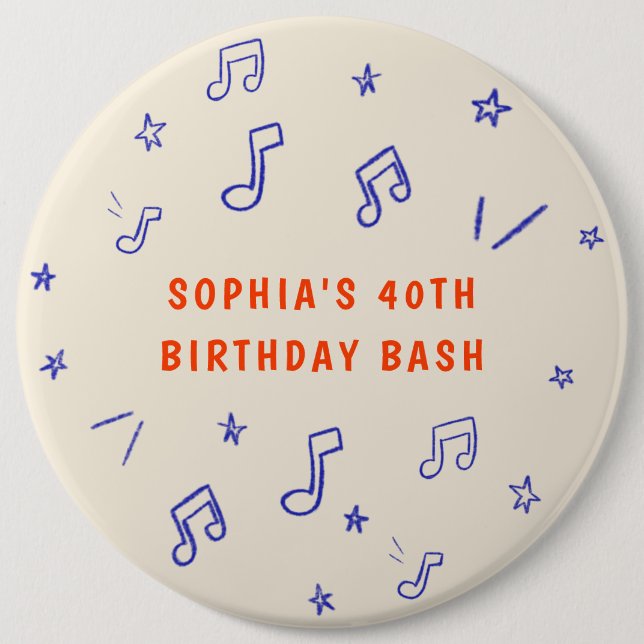Music Notes Hand-Drawn Illustrations 40th Birthday 6 Inch Round Button (Front)