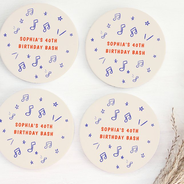 Music Notes Hand-Drawn Illustrations 40th Birthday Round Paper Coaster (Music Notes Hand-Drawn Illustrations 40th Birthday Round Paper Coaster)