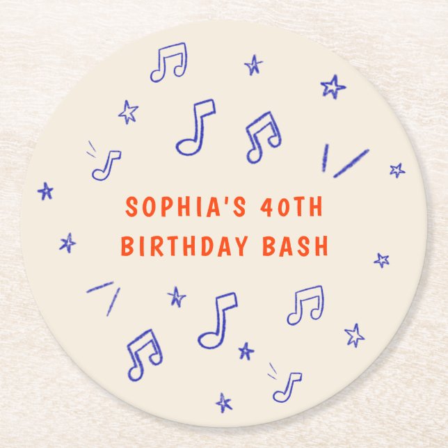 Music Notes Hand-Drawn Illustrations 40th Birthday Round Paper Coaster (Front)