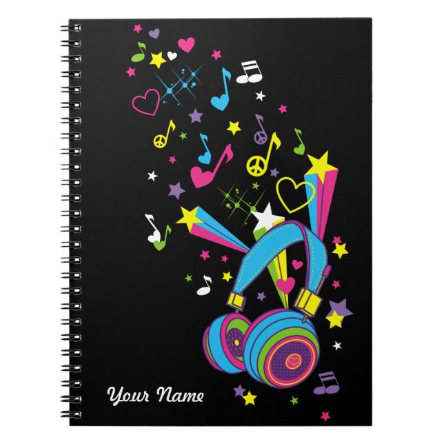 Music Notes Headphones Personalized Black Notebook (Front)