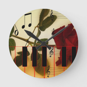 Music Notes Keyboard Red Rose Blossom Destiny Round Clock
