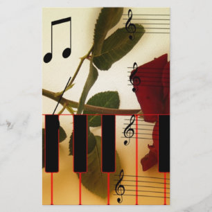 Music Notes Keyboard Red Rose Blossom Destiny Stationery