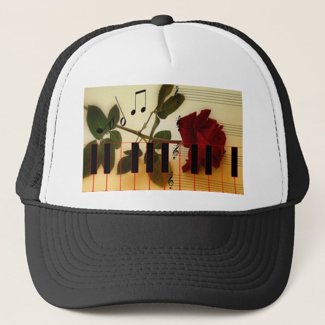 Music Notes Keyboard Red Rose Blossom Destiny Trucker Hat (Front)