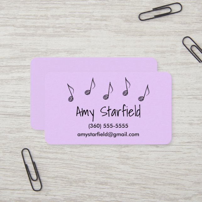 Music Notes Lavender Business Cards (Front/Back In Situ)