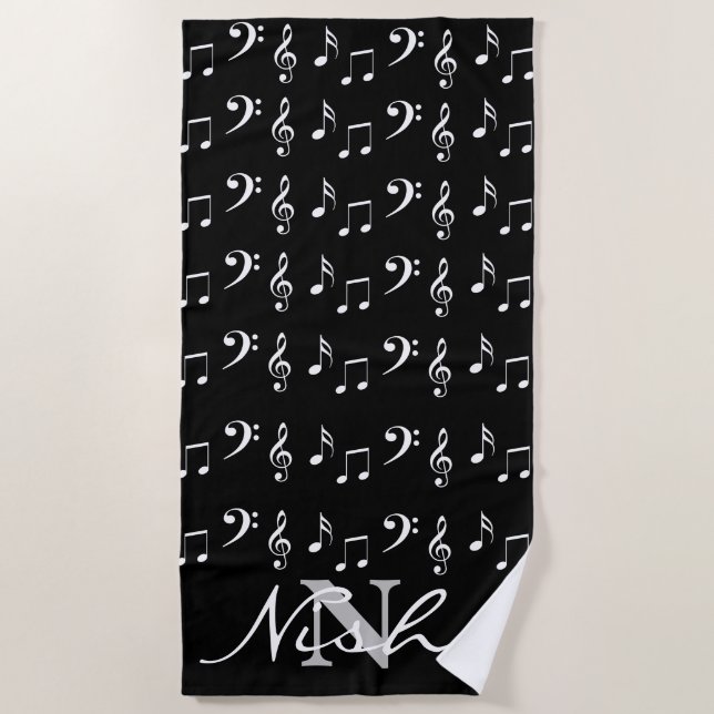Music Notes Monogram Beach Towel (Front)