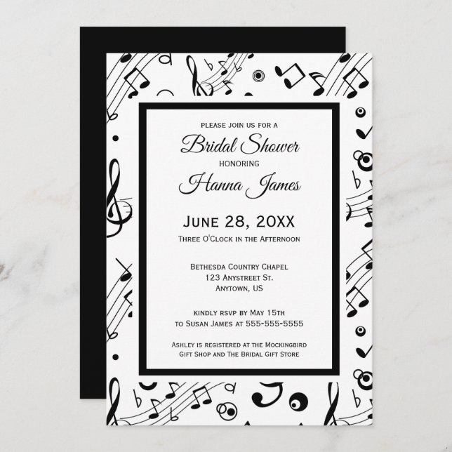 Music Notes Musical Theme Bridal Shower Invitation (Front/Back)