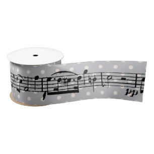 Music Notes on Grey Polka Dot Satin Ribbon