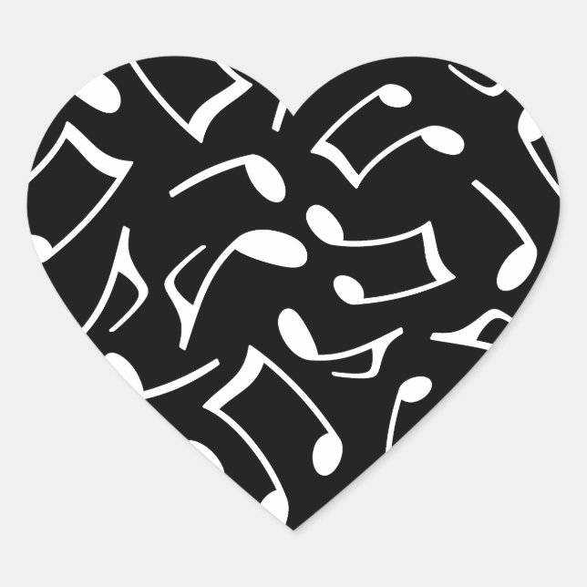 Music Notes Pattern Black and White Heart Sticker (Front)