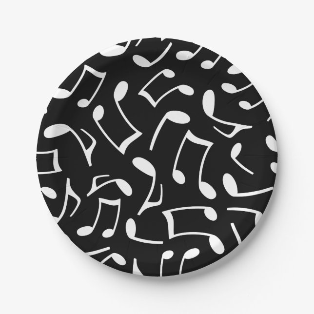 Music Notes Pattern Black and White Paper Plate (Front)