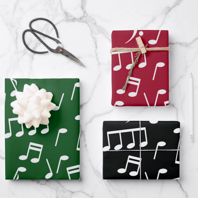Music Notes Pattern in Red, Green, Black Assorted Wrapping Paper Sheet (Front)