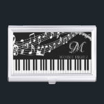 Music Notes Piano Monogram Name Custom Colour Business Card Holder<br><div class="desc">Personalized, custom colour business card case featuring a piano keyboard and music staff with notes in your choice of graphics and background colours (shown in white on black) and initial in your choice of font styles and colours to create your own custom look. ASSISTANCE: For help with design modification or...</div>