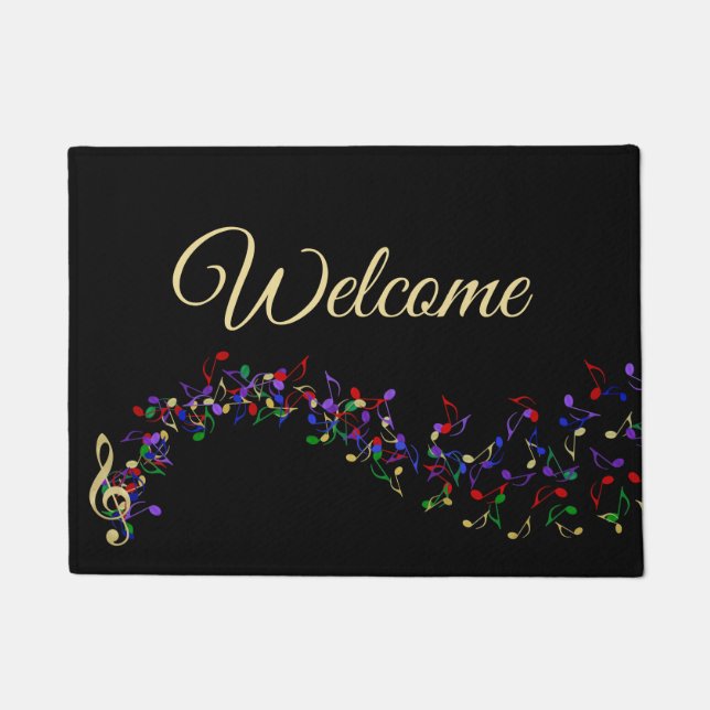Music Notes Plume Black Welcome Mat (Front)