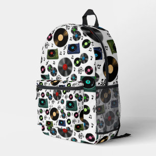 Music Notes, Record Albums and Player Printed Backpack