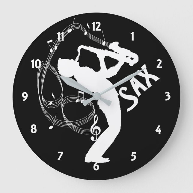 Music Notes Saxophone Player Musicians Large Clock (Front)