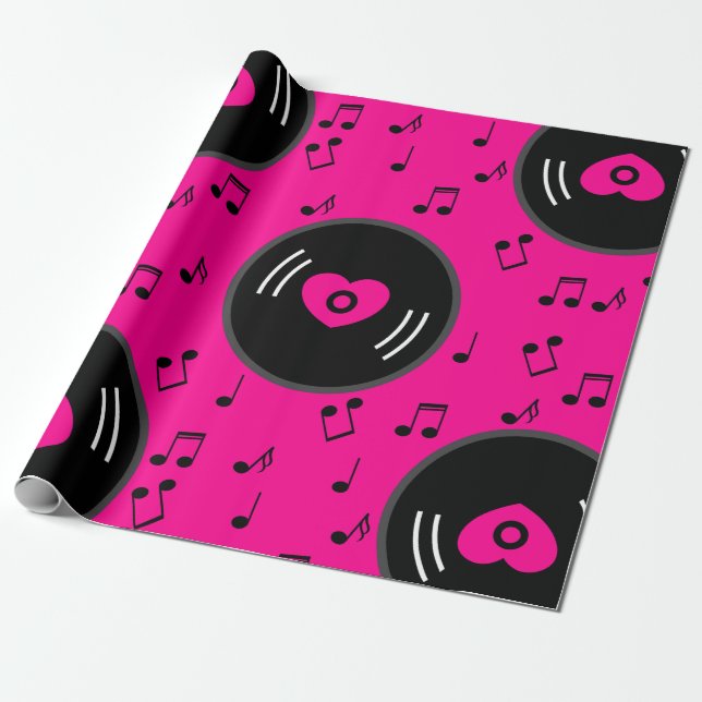 music notes vinyl record heart pink wrapping paper (Unrolled)