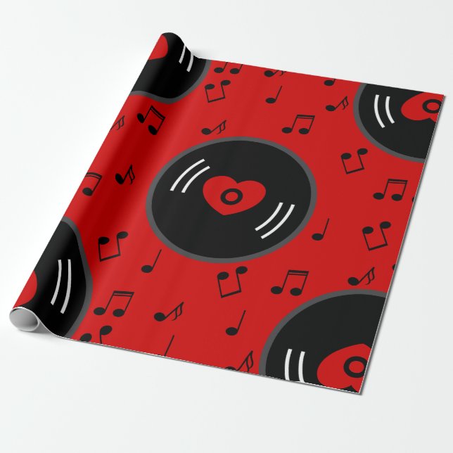 music notes vinyl record heart red wrapping paper (Unrolled)