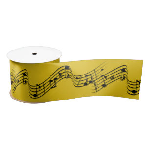 Music Notes Wavy Staff Bar Wide Gold Satin Ribbon