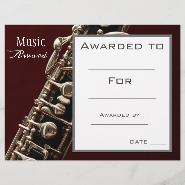 Music oboe award certificate music teacher (Front)