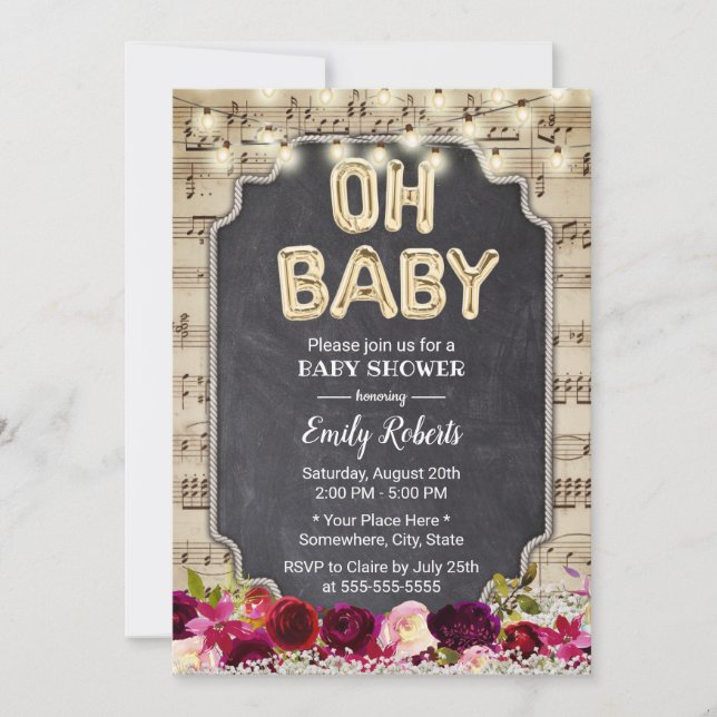 Music Oh Baby Shower Rustic Burgundy Red Floral Invitation (Front)