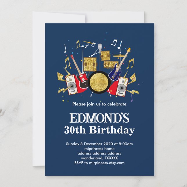 music party guitar drum set musical invitation (Front)