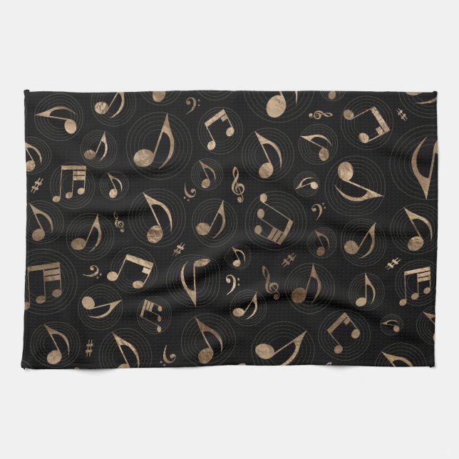 Music Pattern - Black and gold Kitchen Towel (Horizontal)