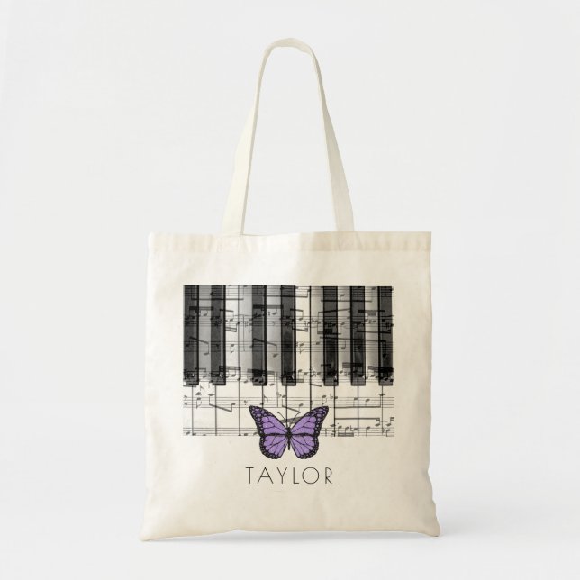 music piano lavender butterfly name tote bag (Front)