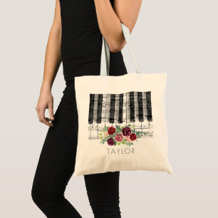 music piano marsala red floral decor tote bag