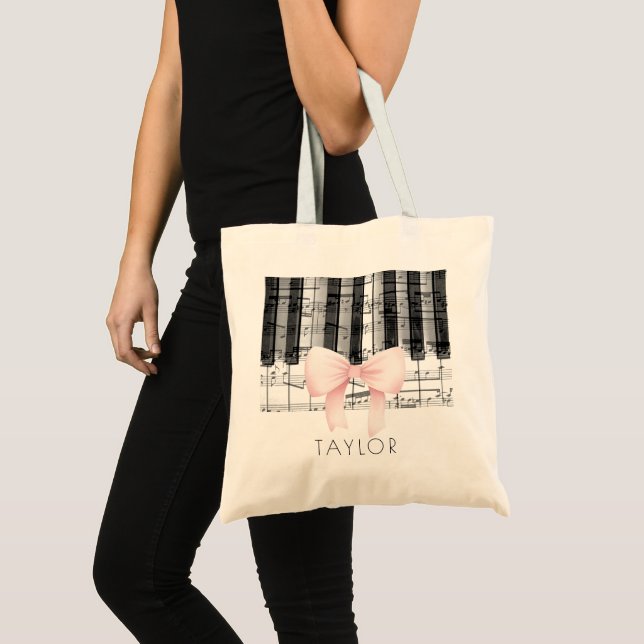 music piano pink bow name tote bag (Front (Product))