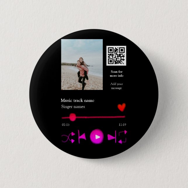 Music player personalized couple love q r code tex 2 inch round button (Front)