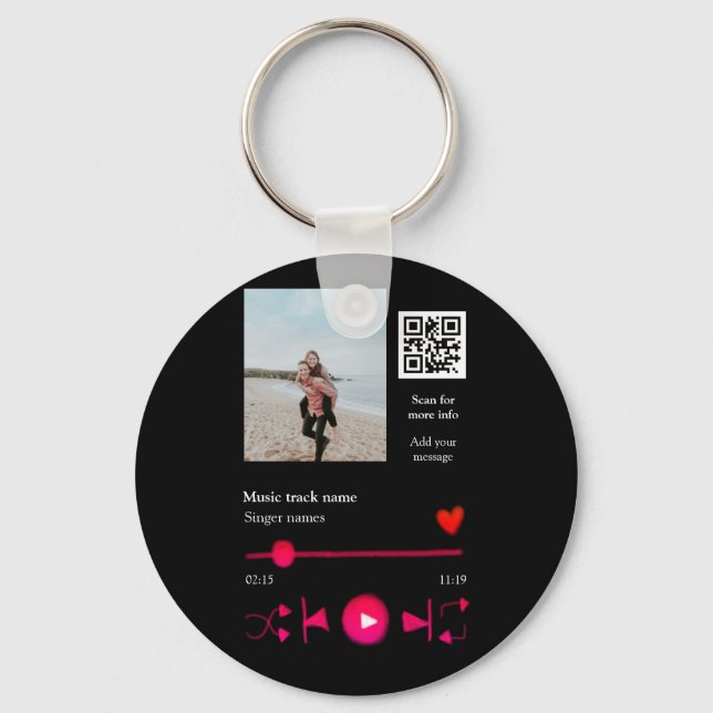 Music player personalized couple love q r code tex keychain (Front)