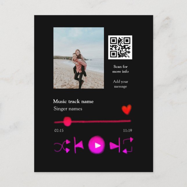 Music player personalized couple love q r code tex postcard (Front)