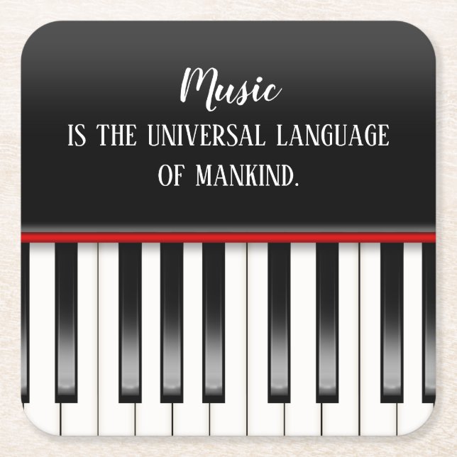 Music Quote on Piano Keyboard Square Paper Coaster (Front)