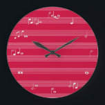 Music reading beats time clock - red<br><div class="desc">music, musical, "music notes", "music note", timing, beats, beat, "sheet music", musician, "whole note", "half note", "quarter note", "eighth note", crochet, quaver, semibreve, breve, theory, "music theory", math, mathematics, maths, "sight reading", read, reading, fun, funny, humour, humourous, quirky, white, cool, unique, "music teacher", singer, singing, concert, red, bright, bold</div>