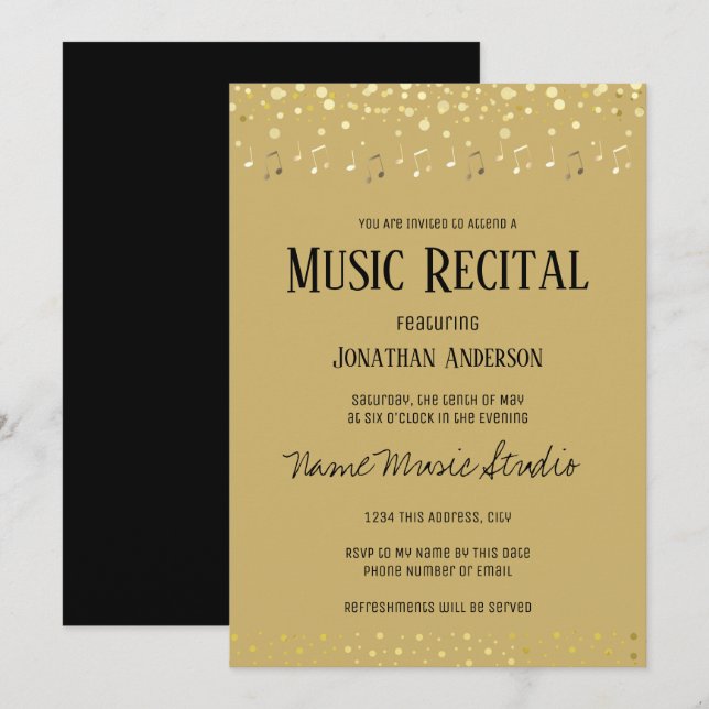 Music Recital Elegant Gold Note Confetti  Invitation (Front/Back)