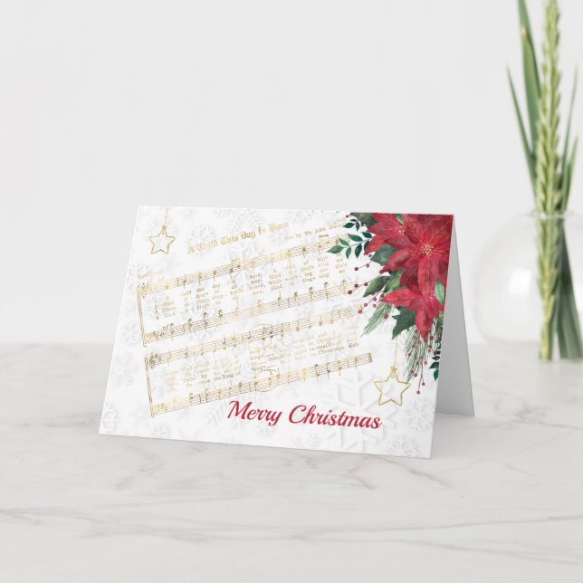 Music Red Poinsettia Star Hymn Christmas Holiday Card (Front)