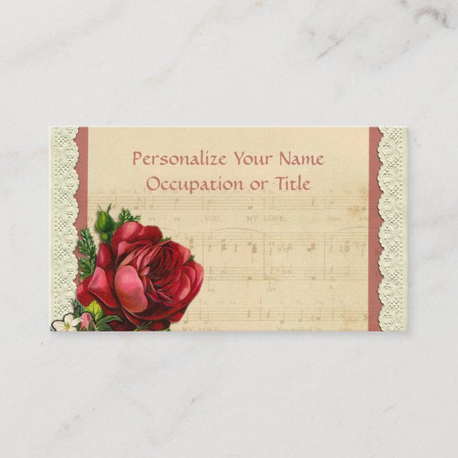 Music Sheet with Red Rose & Lace Business Card (Front)