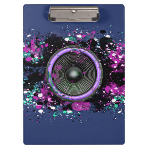 Music speaker and splattered paint clipboard