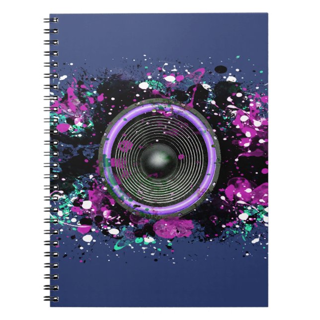 Music speaker and splattered paint notebook (Front)