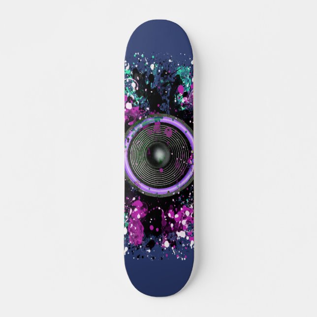 Music speaker and splattered paint skateboard (Front)