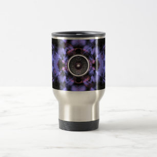 Music speaker on a purple background travel mug