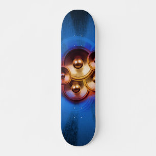 Music speakers and blue sunburst skateboard