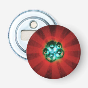 Music speakers and red sunburst bottle opener