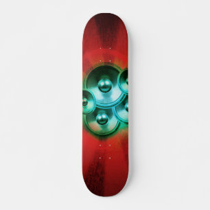 Music speakers and red sunburst skateboard