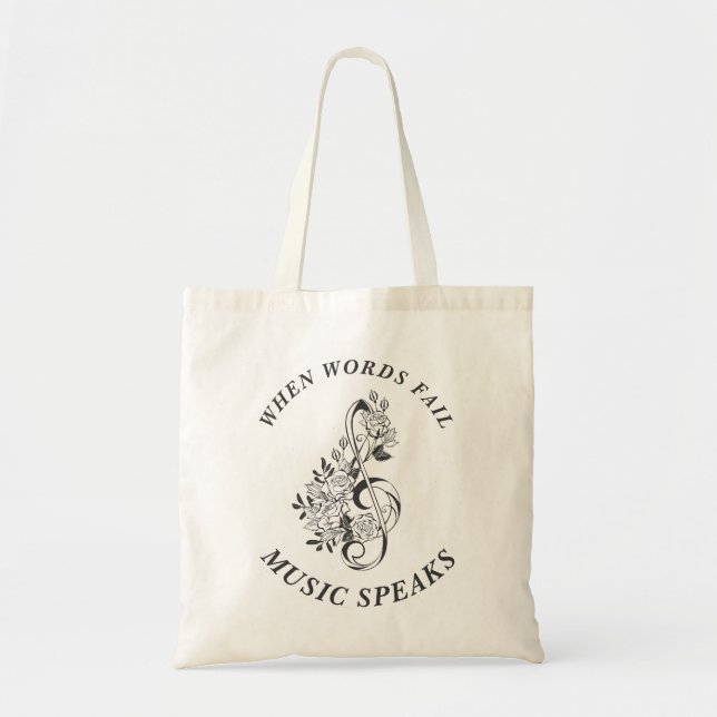 Music Speaks Black and White Treble Clef Tote Bag (Front)