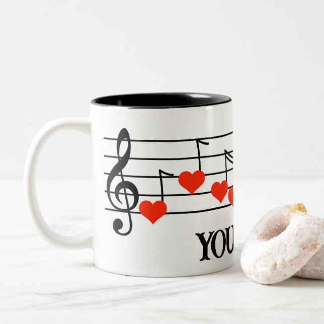 Music Staff with Red Heart Notes Customized Two-Tone Coffee Mug (With Donut)