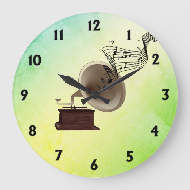 Music Streams from Gramophone w 12 Numbers Green Large Clock (Front)