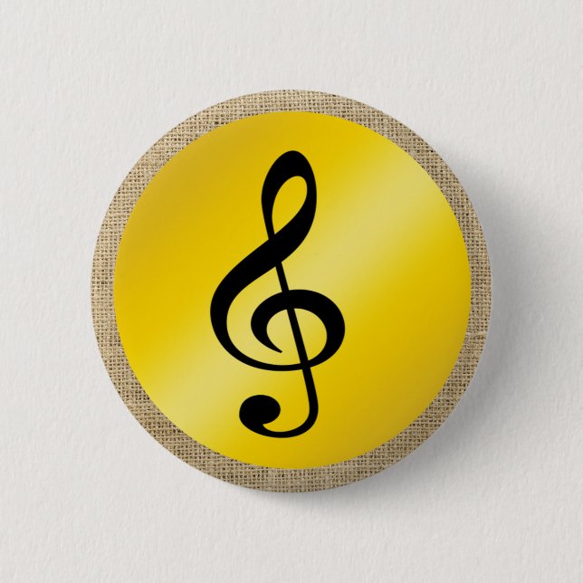 Music Symbol Clef Notes in Burlap Gold Black 2 Inch Round Button (Front)