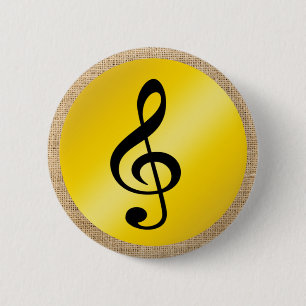 Music Symbol Clef Notes in Burlap Gold Black 2 Inch Round Button