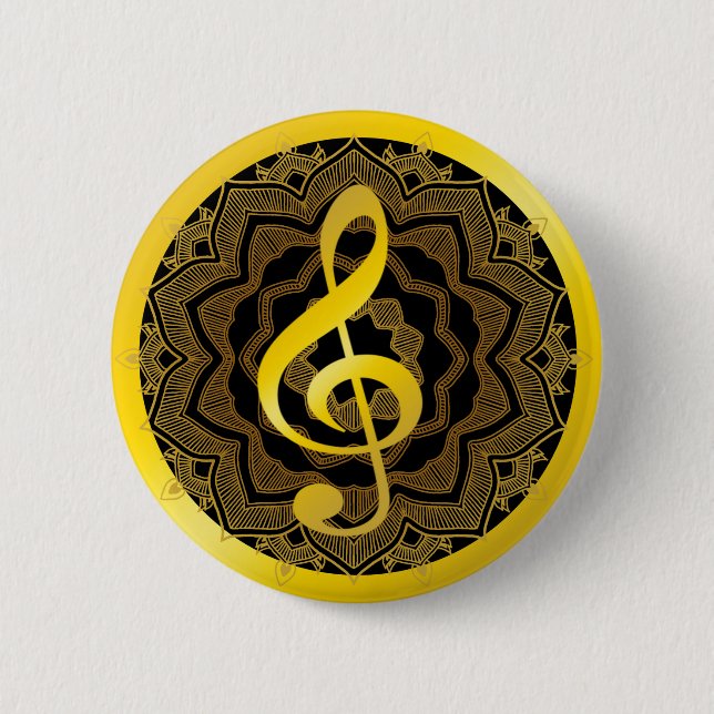 Music Symbol Clef Notes in Gold Black Mandala Art 2 Inch Round Button (Front)