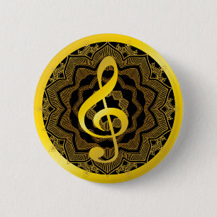 Music Symbol Clef Notes in Gold Black Mandala Art 2 Inch Round Button